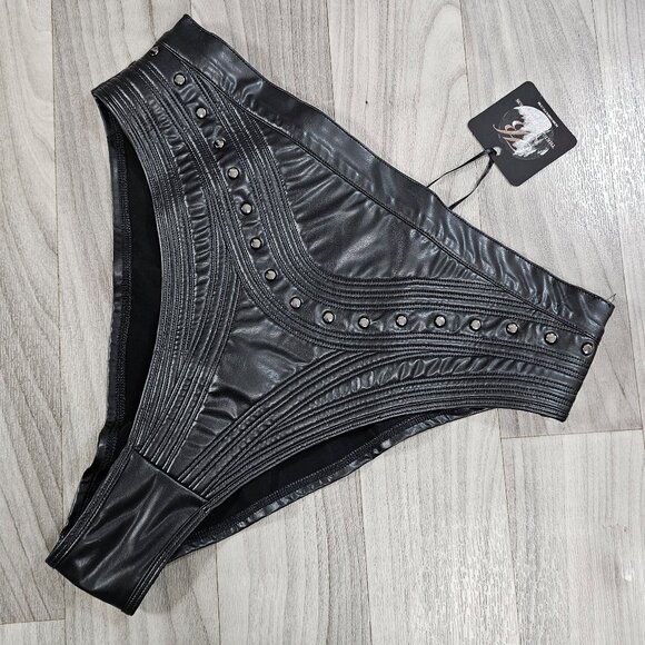 Honey Birdette Connie Black High Waisted Brief Faux Leather with Studs Size L - Picture 1 of 6